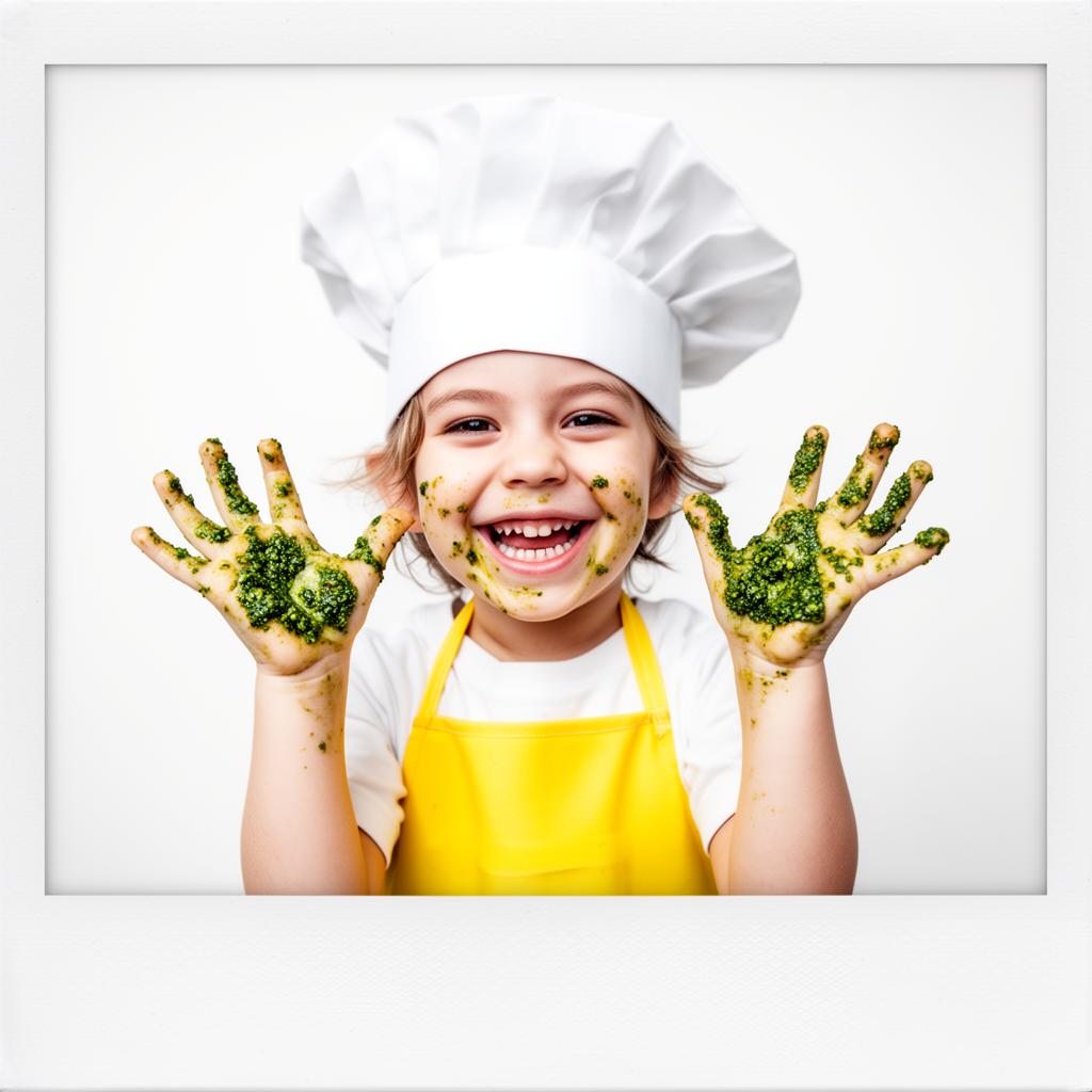 A little explorer with green pesto hands